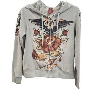 Ed Hardy Heart and Anchor Velour Long Sleeve Zip Hoodie with Rhinestone - Medium